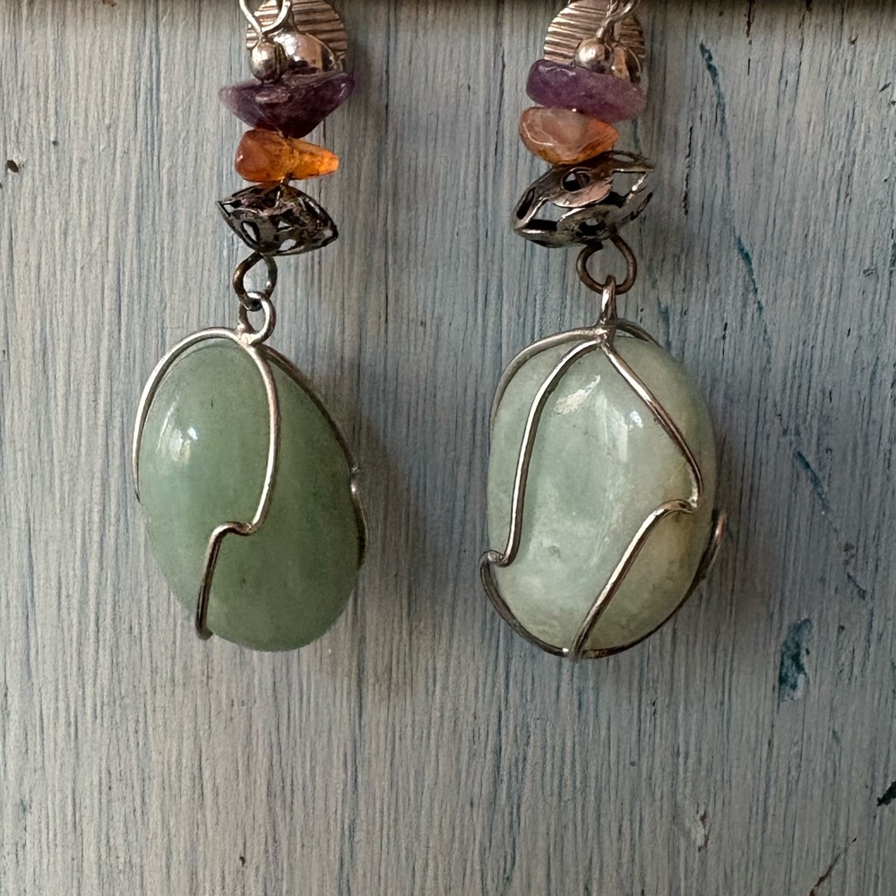 Silver and Green Stone Dangle Earrings - Picture 7 of 8